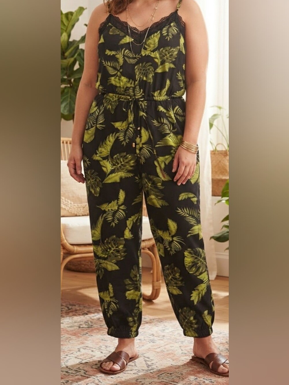 Women's Black Tropical Print Jumpsuit